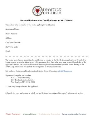 Fillable Online Personal Reference For Certification As An Nalc Pastor