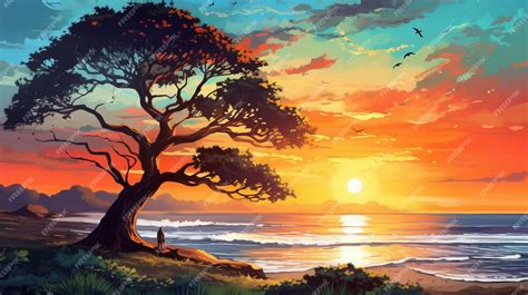 Premium AI Image | Vibrant Sunset Painting Digital Art With Anime Influence