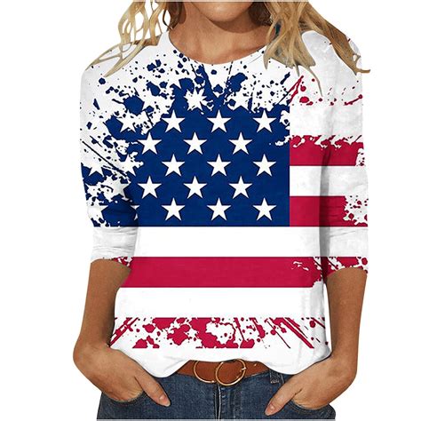 Apexfwdt American Flag Shirt Tops Womens Casual 3 4 Sleeve 4th Of July