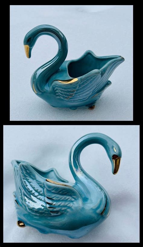 Swan Planter Blue Iridescent Lusterware Bird Planter Fowel Planter Pot