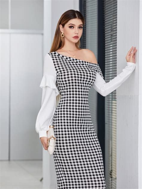 Shein Modely Asymmetrical Neck Gingham Ruffle Trim Dress Shein Usa