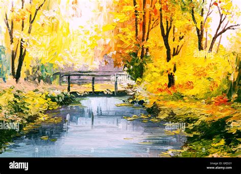 Oil painting landscape - colorful autumn forest, beautiful river Stock Photo - Alamy