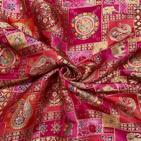 Pink Multicolor Position Print With Zari Jacquard Dola Silk Fabric At