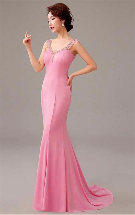 Mermaid Pink Satin Prom Dresses Pearls Beaded Prom Dress Alluring