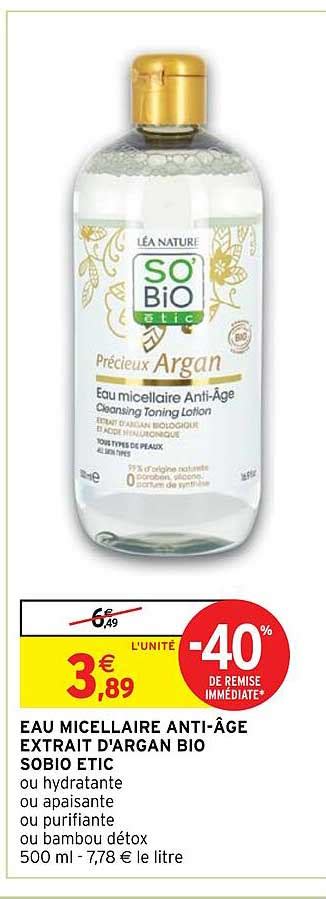 Promo Eau Micellaire Anti âge Extrait D argan Bio Sobio étic chez