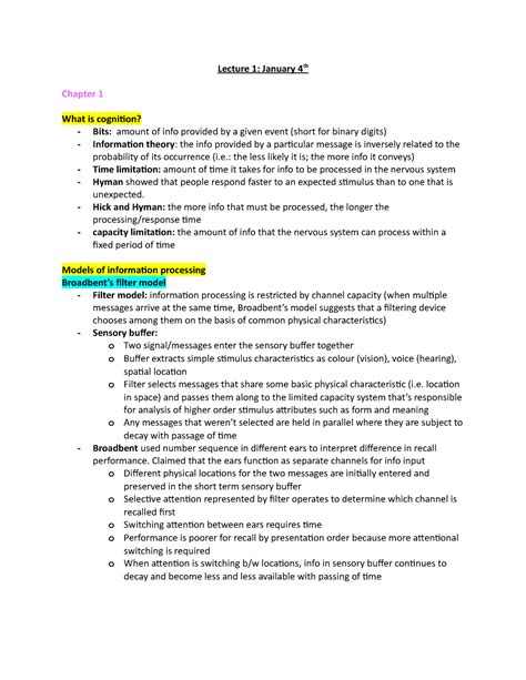 Midterm Notes Lecture January Th Chapter What Is Cognition