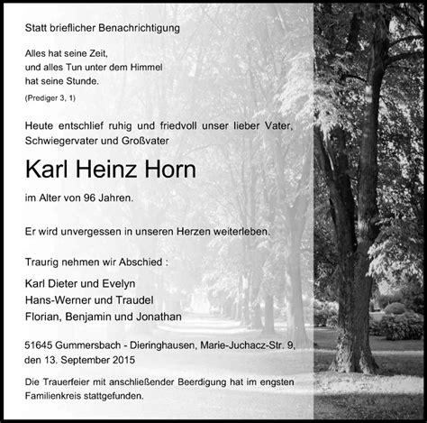 Traueranzeigen Von Karl Heinz Horn Wirtrauern