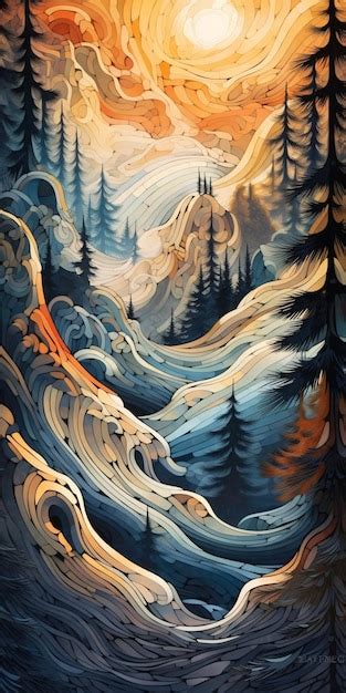 Premium Photo | A painting of a mountain landscape with trees and mountains in the background.