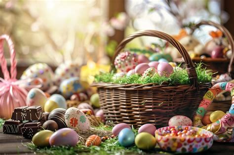 Premium Photo Basket Of Easter Eggs On Green Grass At Sunny Day