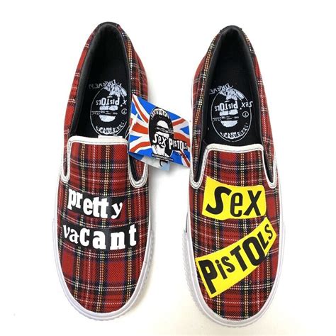 Sex Pistols Pretty Vacant Red Plaid Slip On Trainers By Draven Footwear