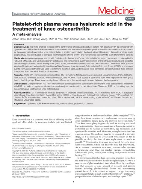 Pdf Platelet Rich Plasma Versus Hyaluronic Acid In The Treatment Of