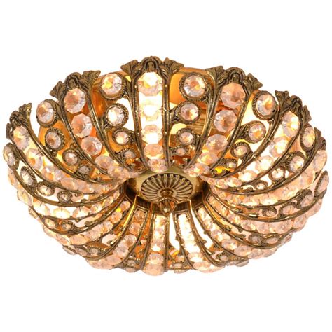 Mid-Century Modern Round Brass and Crystal Flush Mount, Ceiling Light ...