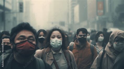 Asian Highly Polluted Air City With Crowd In Protective Masks In Dense