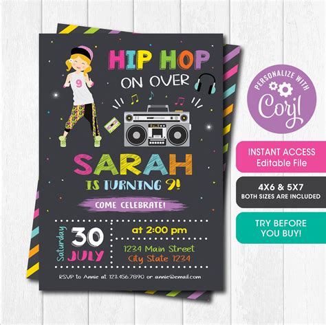 Editable Hip Hop Birthday Invitation Dance Party Dancing Etsy