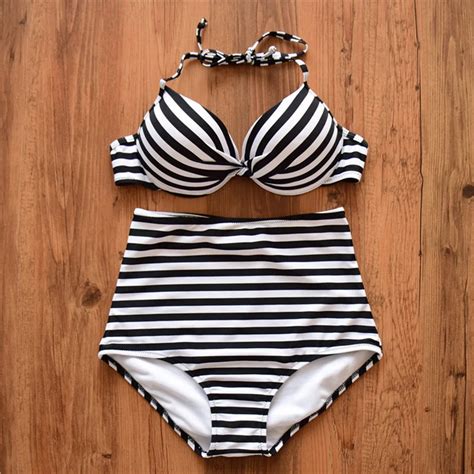 Girls High Waist Bikini Female Push Up Striped Bikini Sets Women