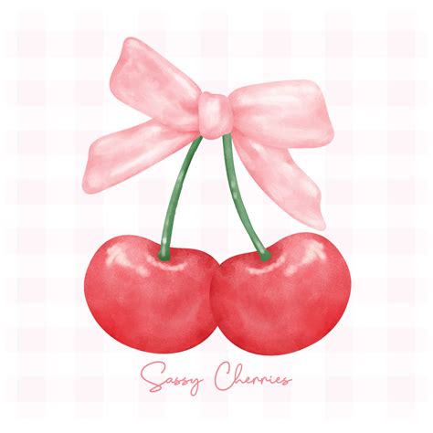 Red Coquette Cherries With Pink Ribbon Bow Aesthetic Watercolor Hand