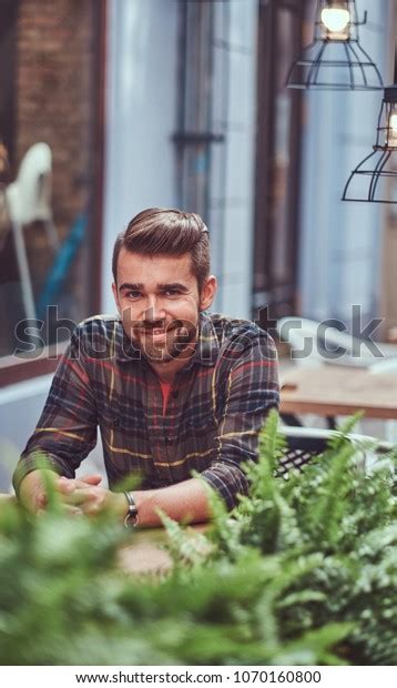 Portrait Fashionable Bearded Male Stylish Haircut Stock Photo