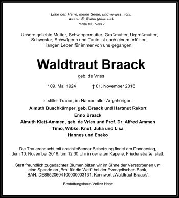 Traueranzeigen Von Waldtraut Braack Nordwest Trauer De