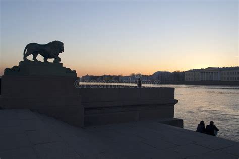 One Of The Lions At The Dvortsovaya Pier In Saint Petersburg Stock