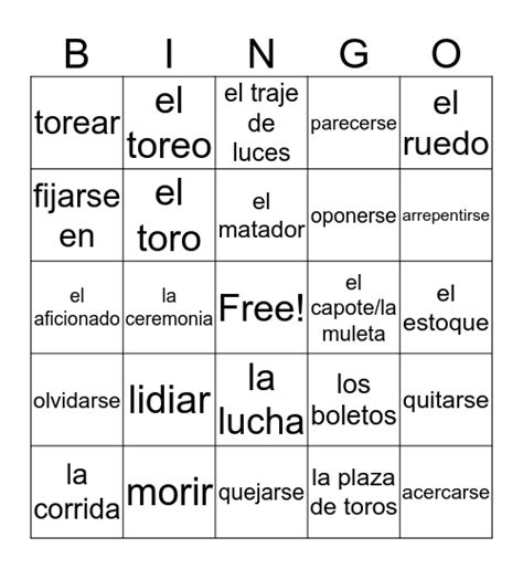 Toreo Y Verbos Bingo Card