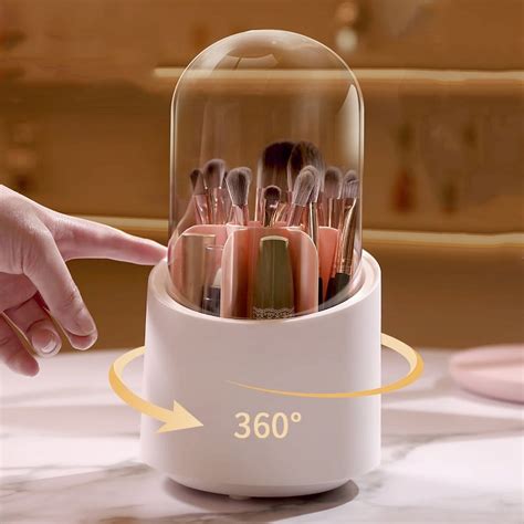 Makeup Brush Holder Organizer With Lid 360 Rotating Dustproof Makeup Brushes Organizer For