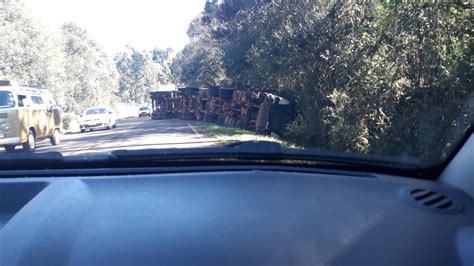 Caminhão carregado toras de madeira tomba na PR 456 em Santa Maria