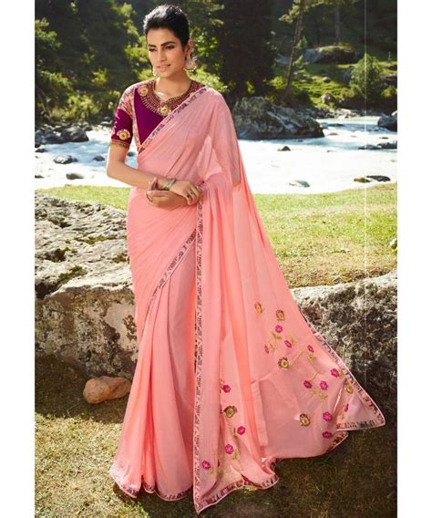 Peach Printed Georgette Saree With Blouse Roop Kashish 3360415