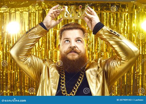 Funny Rich Man Wearing Gold Chain And Shiny Golden Jacket Putting On