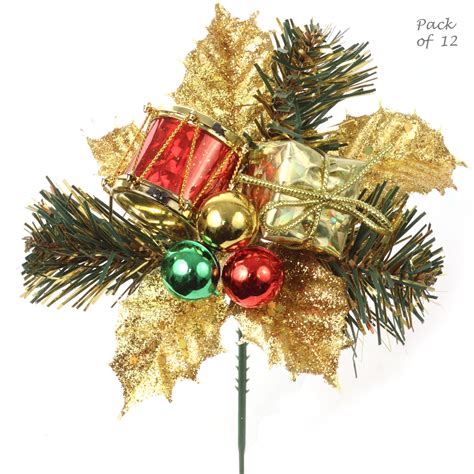 Set of 12: Holly Pine Picks with Gift Box, Ornament Balls, & Drum ...