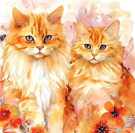 Premium Ai Image A Painting Of Two Cats With Flowers In The Background