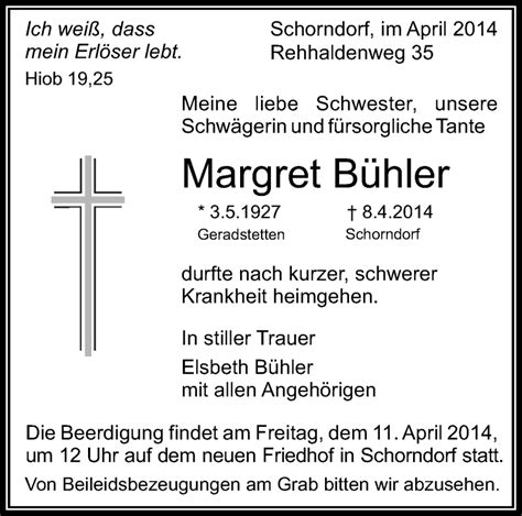 Traueranzeigen von Margret Bühler ZVW Trauer