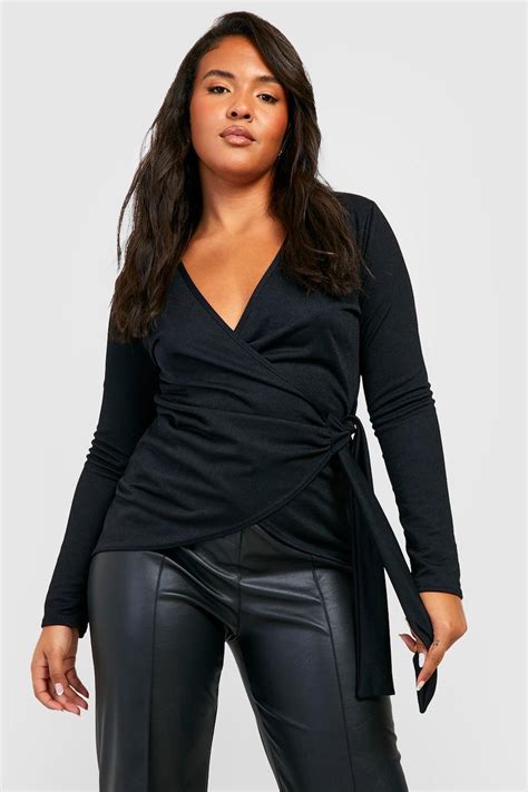 Plus Wrap Front Long Sleeve Top Boohoo