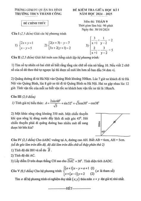 De Giua Hoc Ki 1 Toan 9 Nam 2024 2025 Truong Thcs Thanh Cong Ha Noi