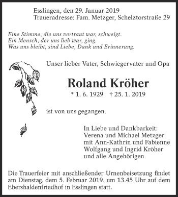 Traueranzeigen Von Roland Kr Her Zeit Des Gedenkens De