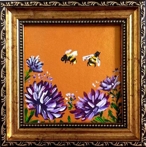 Original Bee Painting Bumblebee On Flowers Art Honeybee Insects Gold