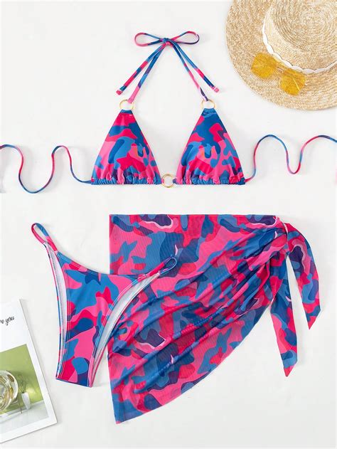 Bikini Triangulaire Ras Du Cou Imprim Camouflage Avec Jupe De Plage