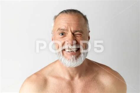 Portrait Of Middle Aged Mature Handsome Man With Beard Half Naked Smiling Hi Res