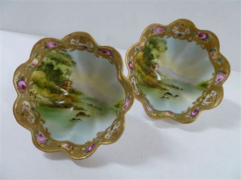 1910s Vintage Pair Of Noritake Hand Painted Footed Bowls Made In Japan