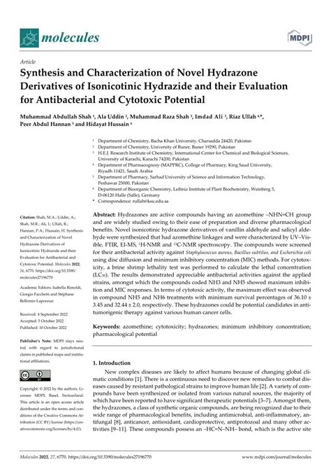 Pdf Synthesis And Characterization Of Novel Hydrazone Derivatives Of