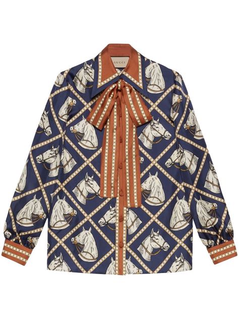 Gucci Equestrian Print Silk Pussy Bow Blouse Farfetch