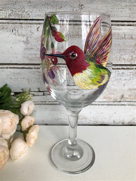 Hand Painted Wine Glass Hummingbird Wine Glass Bird Wine Etsy