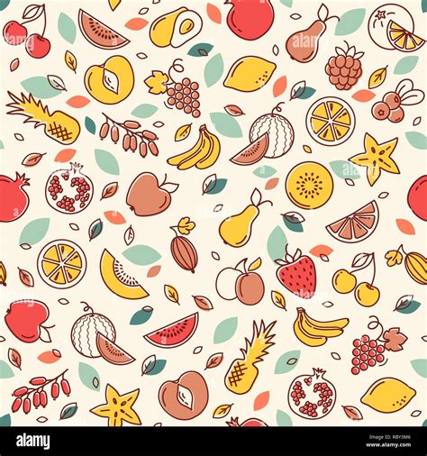 Seamless Pattern Of Various Vector Fruits Background With Color