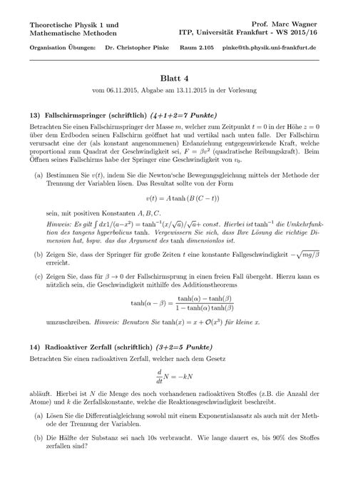 Blatt Wintersemester Theoretische Physik Und Mathematische