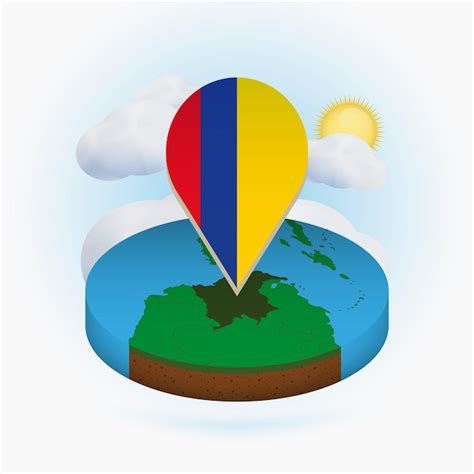 Mapa redondo isométrico da colômbia e marcador de ponto bandeira da