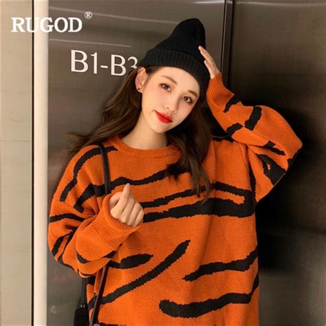 Rugod New Arrival Knitted Sweater Women Stripe Printed Pullover Jumpers Fashion Loose Long