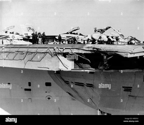 A View Of Damage Sustained By The Aircraft Carrier Uss John F Kennedy Cv 67 When It Collided