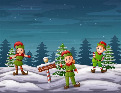 Three Elf Standing With A North Pole Sign 5708504 Vector Art At Vecteezy