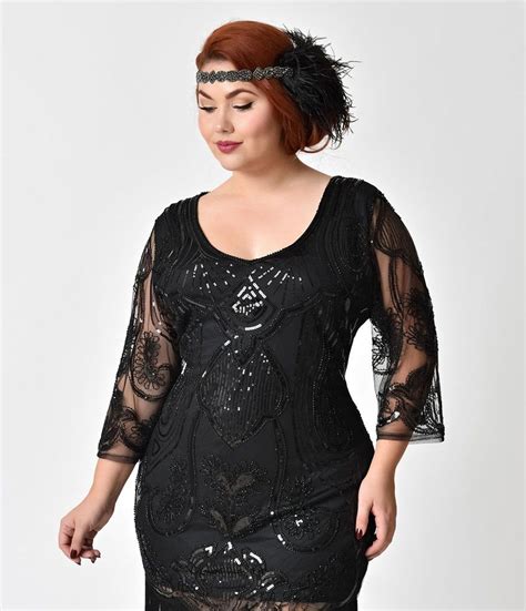 Unique Vintage Plus Size 1920s Black Beaded And Sequin Margaux Sleeved Fringe Flapper Dress