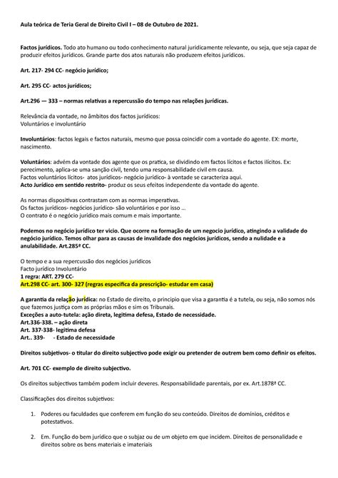 Apontamentos De Teoria Geral De Direito Civil I Aula Te Rica De Teria