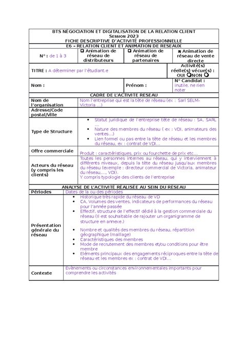 Fiche E6 Animation de réseau de Vente Directe session 2023 BTS